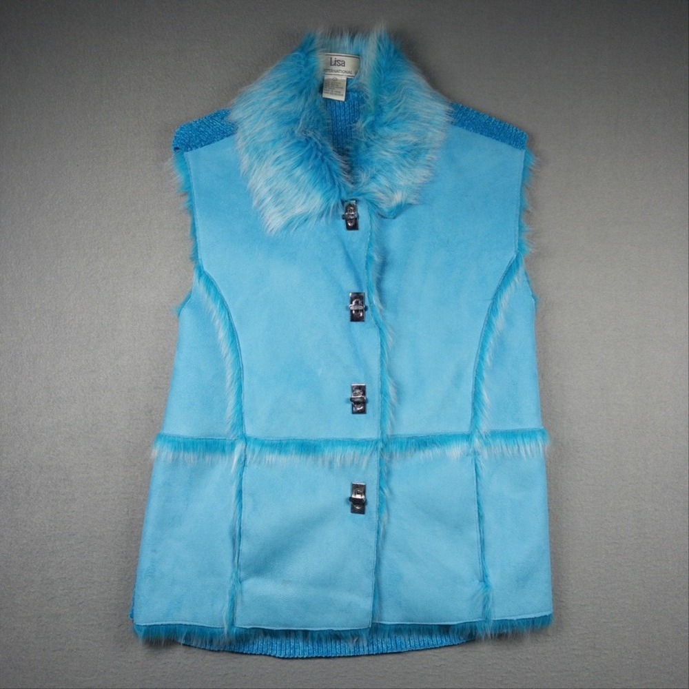 Blue Faux Fur Suede Knit Vest Women L Y2K Boho Western